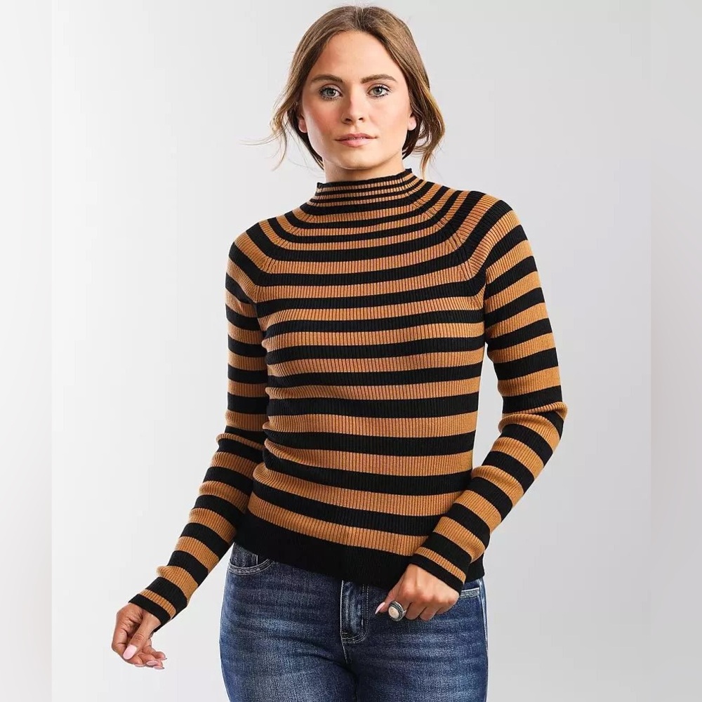 red by BKE striped mock neck fitted knit sweater